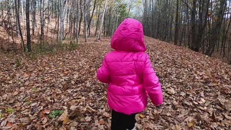 Hinter-Dem-Kleinen-Mädchen-In-Rosa-Kapuzenjacke,-Während-Sie-Auf-Einem-Mit-Blättern-Bedeckten-Pfad-Im-Wald-Läuft-Und-Blätter-In-Zeitlupe-Wehen