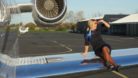 A-playful-flight-attendant-sits-on-the-wing-of-an-aircraft