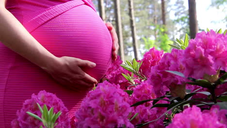 Pregnant-woman-in-dress-holds-hands-on-belly-on-natural-background-of-rhododendron-at-summer-day