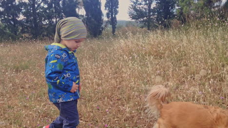 Kid-Plays-In-A-Field-With-A-Medium-Size-Dog