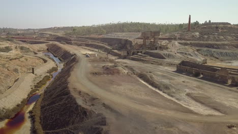 The-São-Domingos-Mine-by-drone,-a-deserted-open-pit-mine-in-Corte-do-Pinto,-Alentejo,-Portugal
