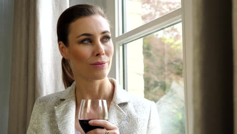 Close-up-attractive,-classy-white-caucasian-woman-holding-glass-of-wine-looking-out-window