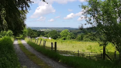 Blick-über-Ackerland-Und-Welsh-Valley,-Mit-Track-Und-Bäumen-Im-Vordergrund
