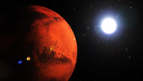 Rotierender-Mars-Planet-Im-Weltraum-Mit-Epischen-Sonneneruptionen-In-Der-Ferne