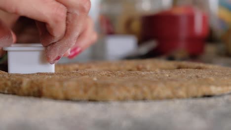 Woman-hands-cutting-cookies-on-whole-wheat-dough-on-floured-countertop