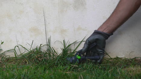 Footage-of-caucasian-male-gardener,-trimming-grass-with-scissors-pliers,-white-wall-background-120fps,-medium-shot