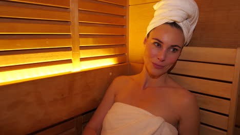 Attractive And Smiling Woman In Towels Looking At Camera In Sauna