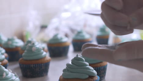 Close-up-slow-motion-of-woman's-hands-decorating-cupcakes-with-snow-flakes-icing,-120fps