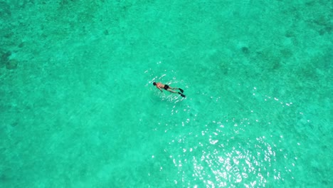 Man-snorkel-in-the-middle-of-turquoise-lagoon-seeking-for-coral-reefs-and-tropical-fish-hidden-on-rocks-under-clear-water-of-Australian-coastline