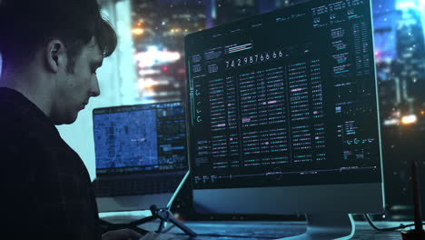A-programer-hacker-trying-to-breached-the-computer-security-by-using-algorithm-source-code-to-exploit-weakness-in-password-security-with-futuristic-metropolis-in-the-background