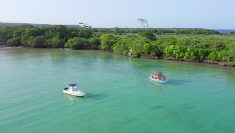 Dos-Pequeñas-Lanchas-Pesqueras-Se-Sientan-Ancladas-En-Increíbles-Aguas-Azules-Claras-De-Playa-Dimante-Con-Fondo-Tropical-En-República-Dominicana