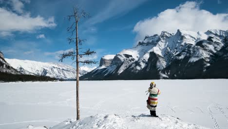 Winter-Tourist-is-Happy-to-View-the-Incredible-Landscape,-Banff-Canada