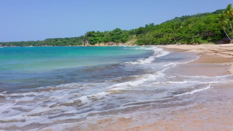 Kleine-Wellen-Schlagen-Vom-Blauen-Atlantik-Auf-Den-Unglaublich-Leeren-Sandstrand-Von-Playa-Preciosa-In-Einer-Tropischen,-Luxuriösen-Urlaubslandschaft-In-Der-Dominikanischen-Republik