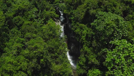 Spectacular-Aerial-Pan-Up-of-Water-Crashing-through-Brilliant-Green-Trees-at-Saltos-Jima-Waterfall-in-Dominican-Republic