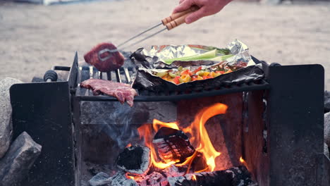 Steak-and-Veggies-Grilling-over-Outdoor-Campfire,-Real-Time