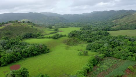 Majestätischer-Blick-Auf-Eine-Grüne-Wiese-Voller-Leben,-Graue-Wolken,-Berge,-Die-Die-Landschaft-Schmücken,-Dominikanische-Republik