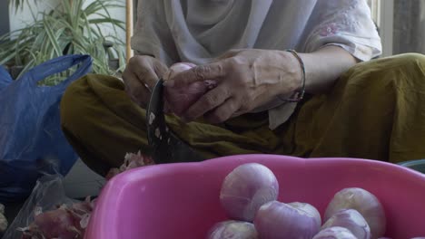 Woman-Sitting-On-Floor-Using-Traditional-Vegetable-Cutter-Cut-Onions