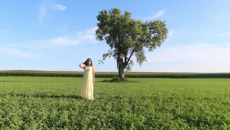 girl-with-a-lovely-dress-standing-outdoors-on-a-grass-land-with-a-lonely-three