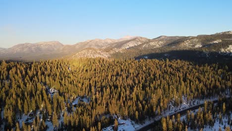 Wide-angle-drone-footage-over-a-sunlit-snowy-pine-forest-valley,-South-Lake-Tahoe,-USA