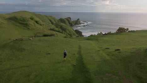 Aerial-flyover-showing-man-walking-on-overgrown-hills-landscape-with-beautiful-ocean-in-background