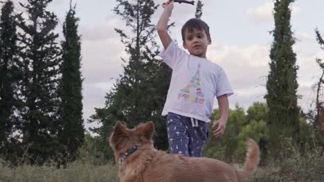Caucasian-kid-plays-throw-and-catch-with-his-pet-dog,-using-a-plastic-toy-stick-outdoors,-trees-and-cloudy-sky-in-the-background,-slow-motion