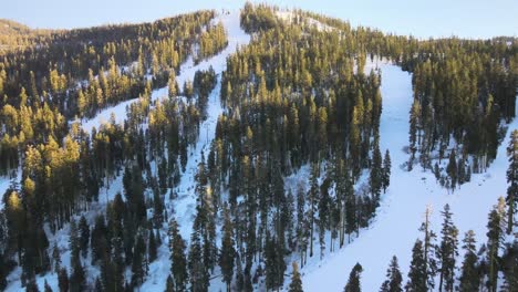 Drone-birds-eye-footage-over-snowy-alpine-forest-ski-resort-in-Lake-Tahoe,-USA,-showing-skiers-down-a-slope-and-ski-lifts