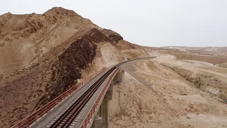 aerial-slow-slide-drone-shot-of-an-empty-train-rail-bridge,-revealing-a-mountain-and-the-desert-in-daylight