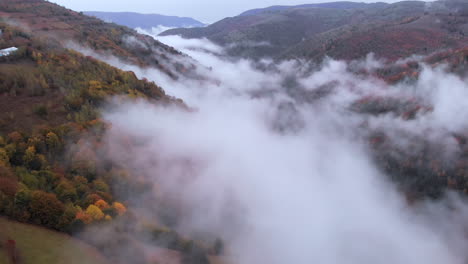 Aerial-view-over-a-countryside-valley-of-trees-filled-with-clouds-on-a-foggy-day-in-autumn,-Romania,-Marisel,-reveal-shot
