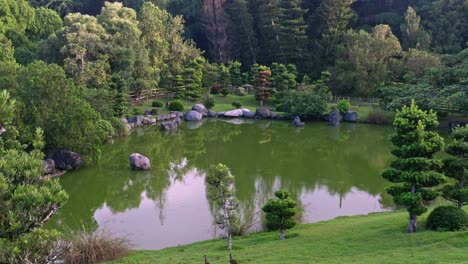 Aerial-forward-shot-over-pond-in-Japanese-garden,-Santo-Domingo