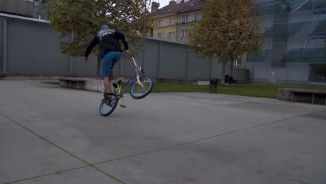 Guy-riding-a-BMX-bike,-performing-the-Peg-Manual-trick-in-a-skatepark