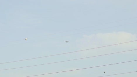 Small-airplane-flying-over-power-lines,-wide-shot-120fps
