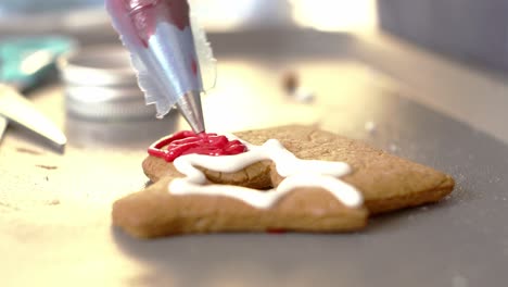Close-up-isolated-shot-of-piping-pastry-bag,-decorating-gingerbread-cookie-with-coloured-sugar-icing-4k