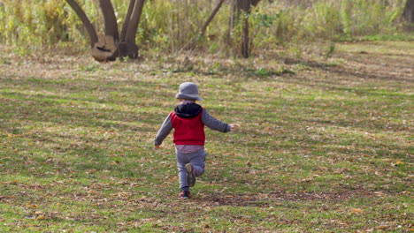Energetic-toddler-boy-running-through-a-field-into-a-forest