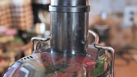 Close-up-of-fresh,-organic-produce-being-pressed-into-juicer