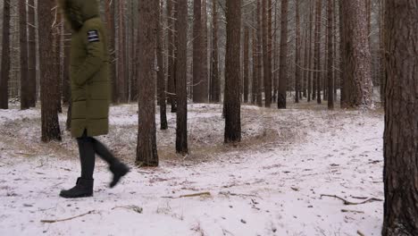 Young-woman-in-green-winter-clothes-walks-in-the-snowy-pine-wood-along-the-sandy-shore-of-the-Baltic-sea-beach,-overcast-day,-wide-tracking-jib-shot