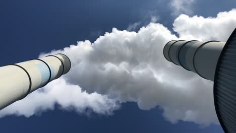 Smoking-chimneys-with-white-smoke-seen-from-below-against-a-blue-sky