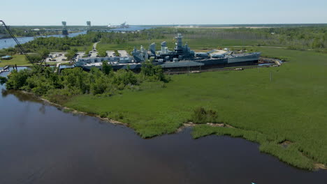 Drone-shot-of-the-USS-North-Carolina-battleship-in-Wilmington-NC