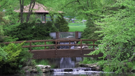 Peaceful-scene-in-city-park-of-small-stream,-waterfall,-and-footbridge