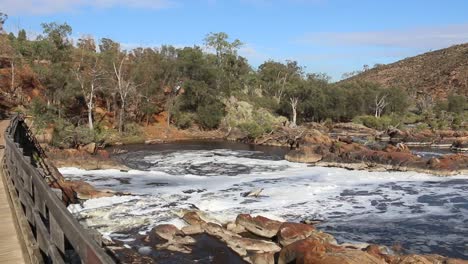 Bells-Rapids-Perth,-View-From-Wooden-Bridge---Swan-River-Flowing-Fast