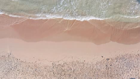 Aerial-top-down-rising-over-Caribe-beach-and-waves-breaking-on-golden-seashore