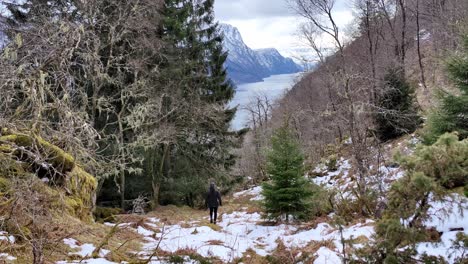 Girl-walking-downhill-among-trees-in-nature-on-a-cloudy-day-with-beautiflul-Norwegian-fjord-Veafjorden-in-the-background