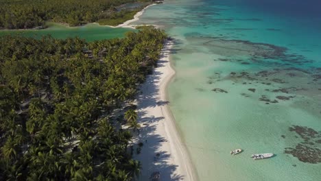Aerial-drone-shot-of-a-tropical-beach-and-lagoon-with-long-shadows-of-coconut-palm-trees
