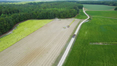 Drone-shot-of-tobacco-being-harvested-with-tractors-working-in-the-field