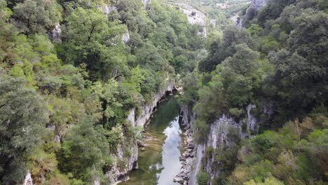 Flying-above-a-quiet-river-surrounded-by-forest-in-north-Spain