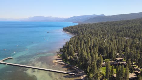 Aerial-footage-of-North-shore-Lake-Tahoe-Shoreline-in-Tahoe-City