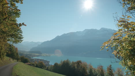 Famous-calming-panoramic-view-of-ship-on-lake-Brienz-on-the-way-up-to-Brienzer-Rothorn-in-Switzerland,-Europe