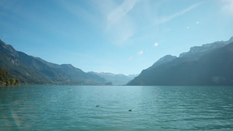 Scenic-lake-view-of-mountains-in-Faulensee-Switzerland-into-overlooking-morning-valley