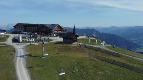 Drone-footage-of-the-Schmittenhohe-mountain-with-the-Elisabeth-chapel-in-Zell-am-See-Austria