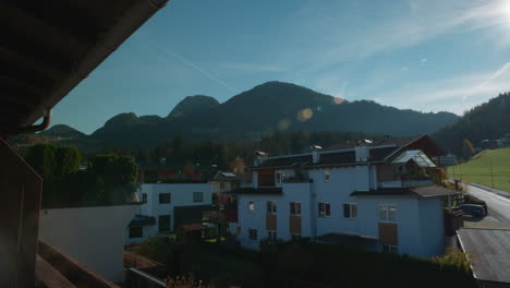 Quiet-morning-balcony-view-of-village-neighborhood-in-Tirol,-Austria,-Wide-Angle