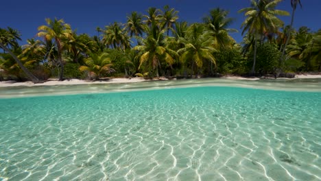 Split-shot,-camera-emerges,-half-above,-half-below-water-of-a-tropical-beach-in-Fakarva,-second-biggest-atoll-in-French-Polynesia-in-the-south-pacific-ocean-in-Slow-motion
